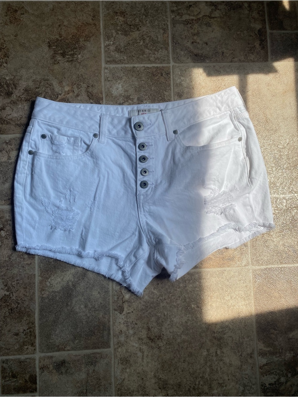 Torrid White Denim Cut Off Shorts High Rise Button Fly Distressed Size 10